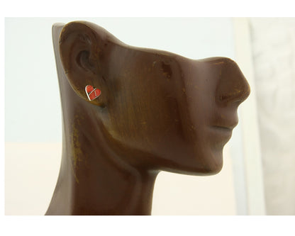 Navajo Heart Earrings 925 Silver Natural Inlaid Coral Native American Artist C80