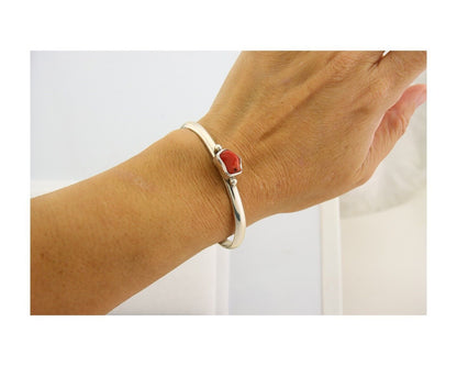 Navajo Bracelet .925 Silver Mediterranean Red Coral Cuff Native Artist C.80's