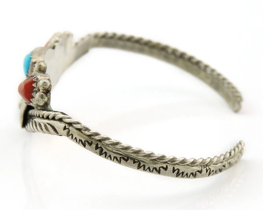 Navajo Cuff Bracelet Sterling Silver Turquoise & Coral Vintage Artist Handmade