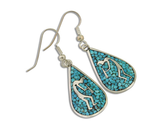 Navajo Kokopelli Earrings 999 Nickel Chip Inlay Turquoise Coral Native American