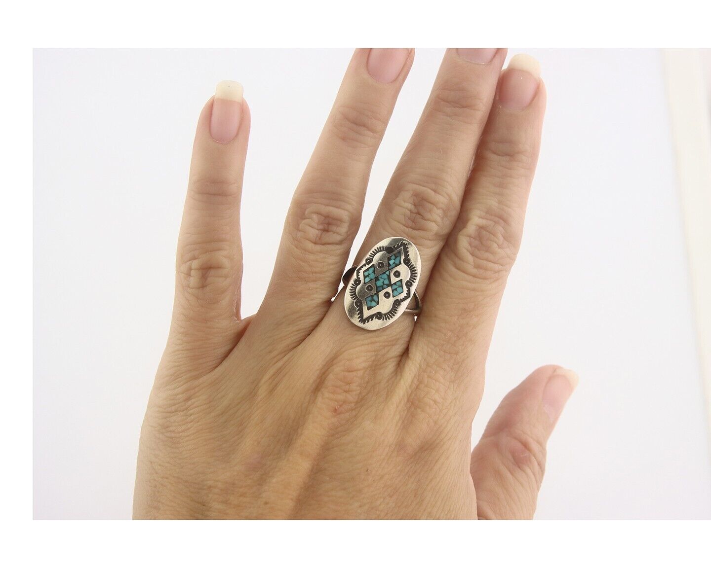 Navajo Ring 925 Sterling Natural Chip Inlay Turquoise C.80's Size 5.75