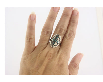 Navajo Ring 925 Sterling Natural Chip Inlay Turquoise C.80's Size 5.75