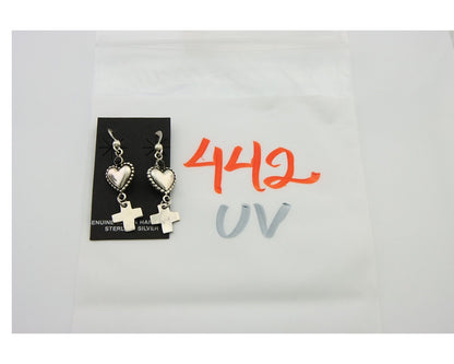 Navajo Earrings 925 Silver Heart Cross Natural Onyx Native American Artist C.80s