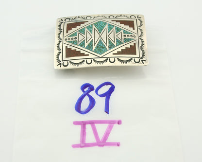 Vintage Navajo Belt Buckle 925 Silver Inlaid Gemstone Signed Stanley Bain C.80's