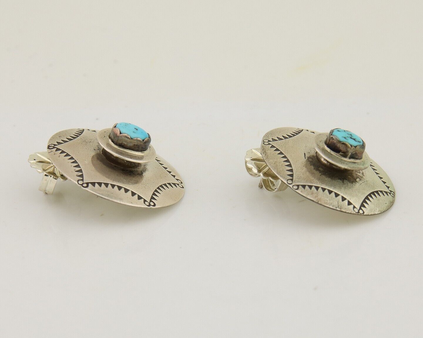 Navajo Hand Stamped Earrings 925 Silver Natural Turquoise Native Artist C.80's