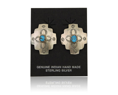 Navajo Hand Stamped Earrings 925 Silver Turquoise Native American Artist C.80's