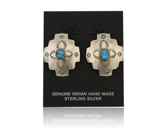 Navajo Hand Stamped Earrings 925 Silver Turquoise Native American Artist C.80's
