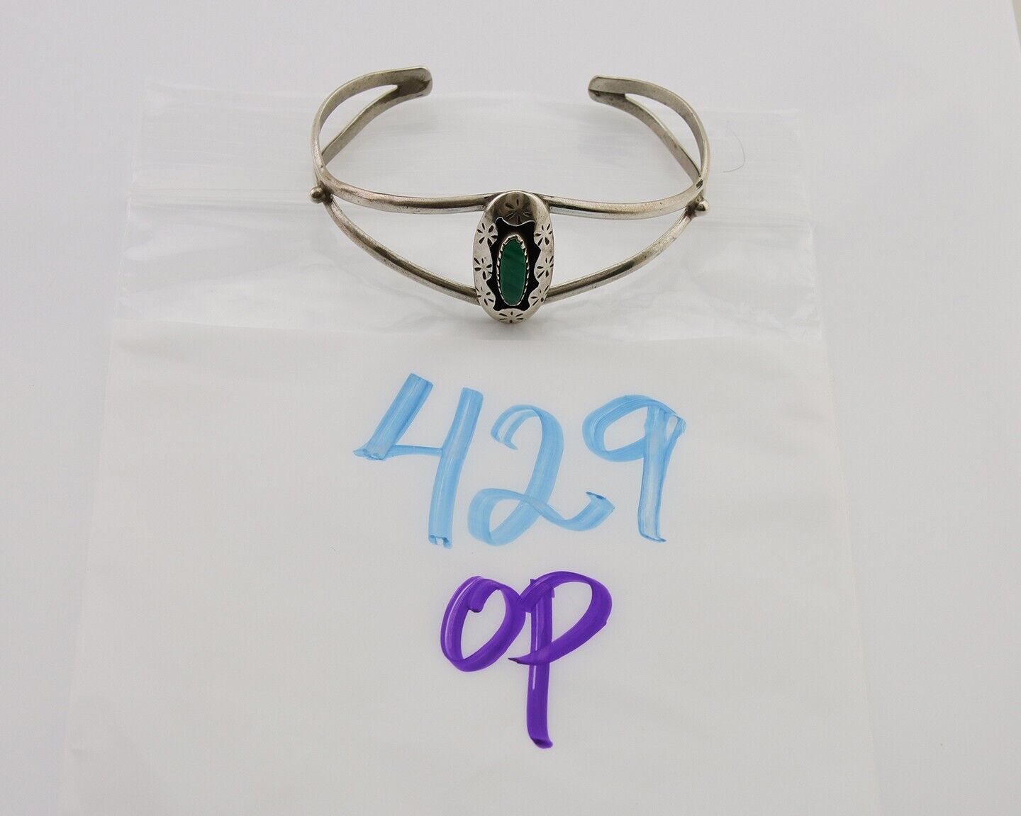Navajo Hand Stamped Cuff Bracelet Malachite 925 Silver Artist Signed IJC C.80's