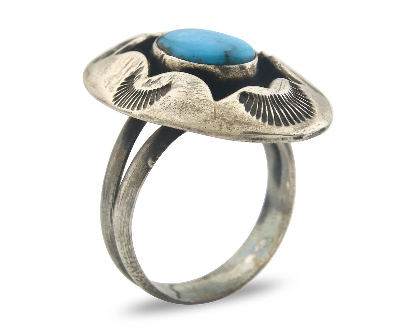 Navajo Ring 925 Sterling Turquoise Handmade Native Artist C.80's Size 8.35