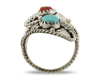 Navajo Adjustable Ring 925 Silver Turquiose & Coral Signed Broken Arrow C.80's