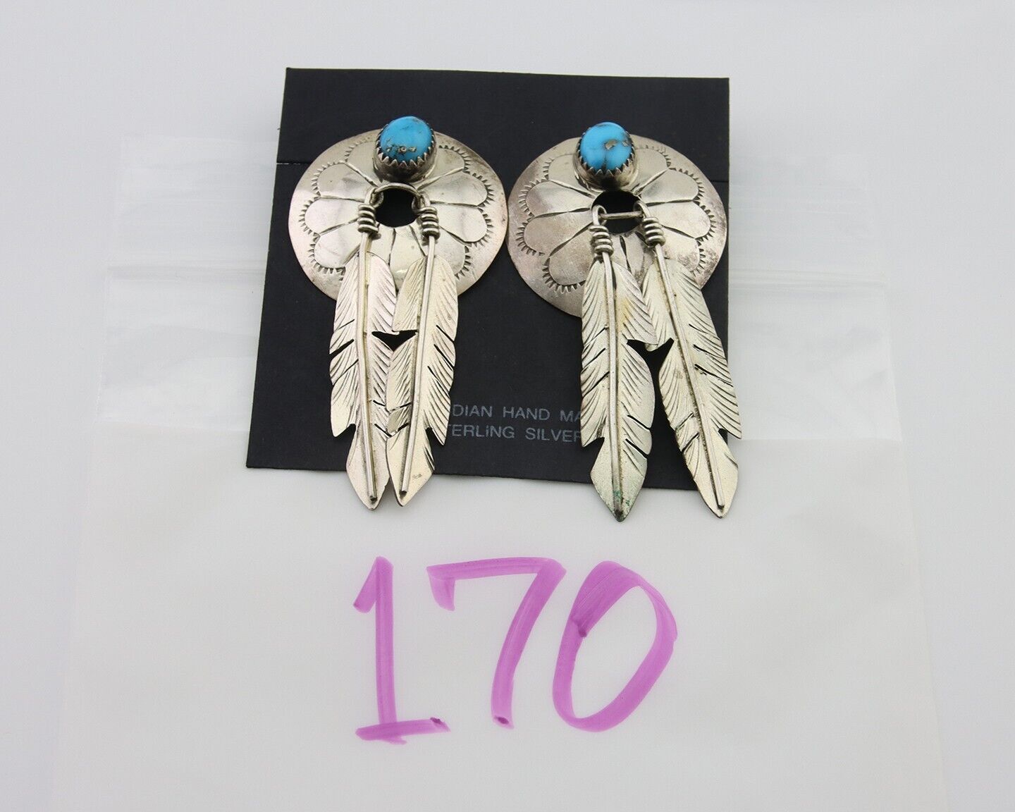 Navajo Dangle Earrings 925 Silver Natural Turquoise Native American Artist C80s