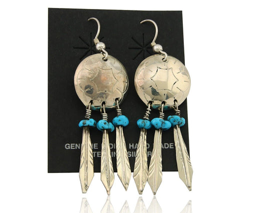 Navajo Earrings 925 Silver Dream Catcher Natural Turquoise Native Artist C.80's
