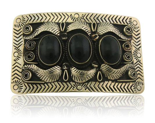 Navajo Concho Belt Buckle .999 Nickel Onyx Native American Artist 2x3 in C.80's