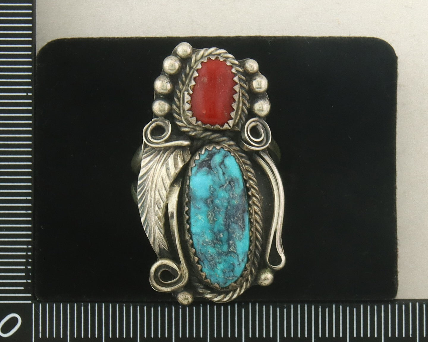 Navajo Ring 925 Sterling Natural Coral & Turquoise Signed JM C.80's Size 8.5