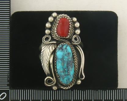 Navajo Ring 925 Sterling Natural Coral & Turquoise Signed JM C.80's Size 8.5