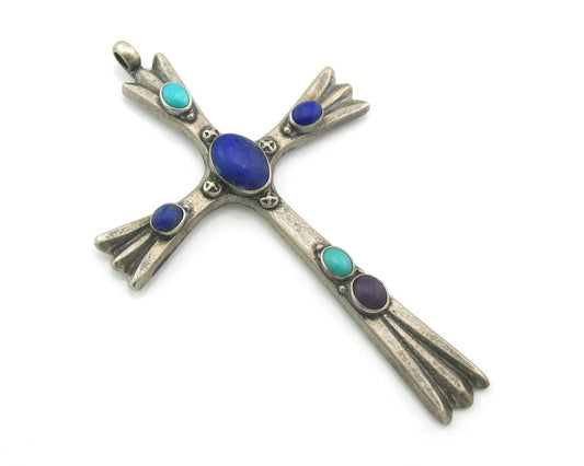 Navajo Cross Pendant Sterling Silver Natural Gemstones Artist Signed De Chelly