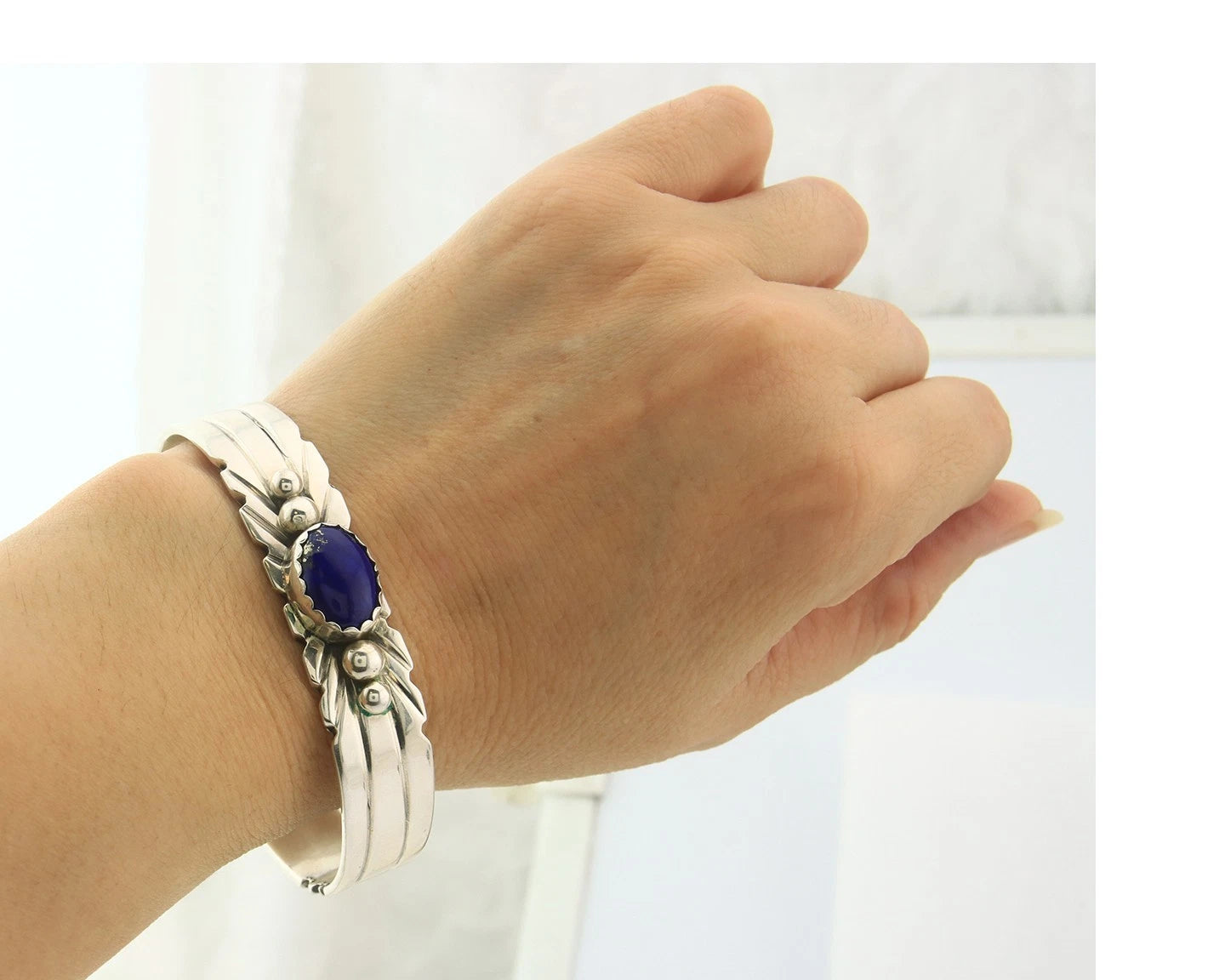 Navajo Cuff Bracelet Sterling Silver Natural Lapis Signed Gene Nataan Vintage