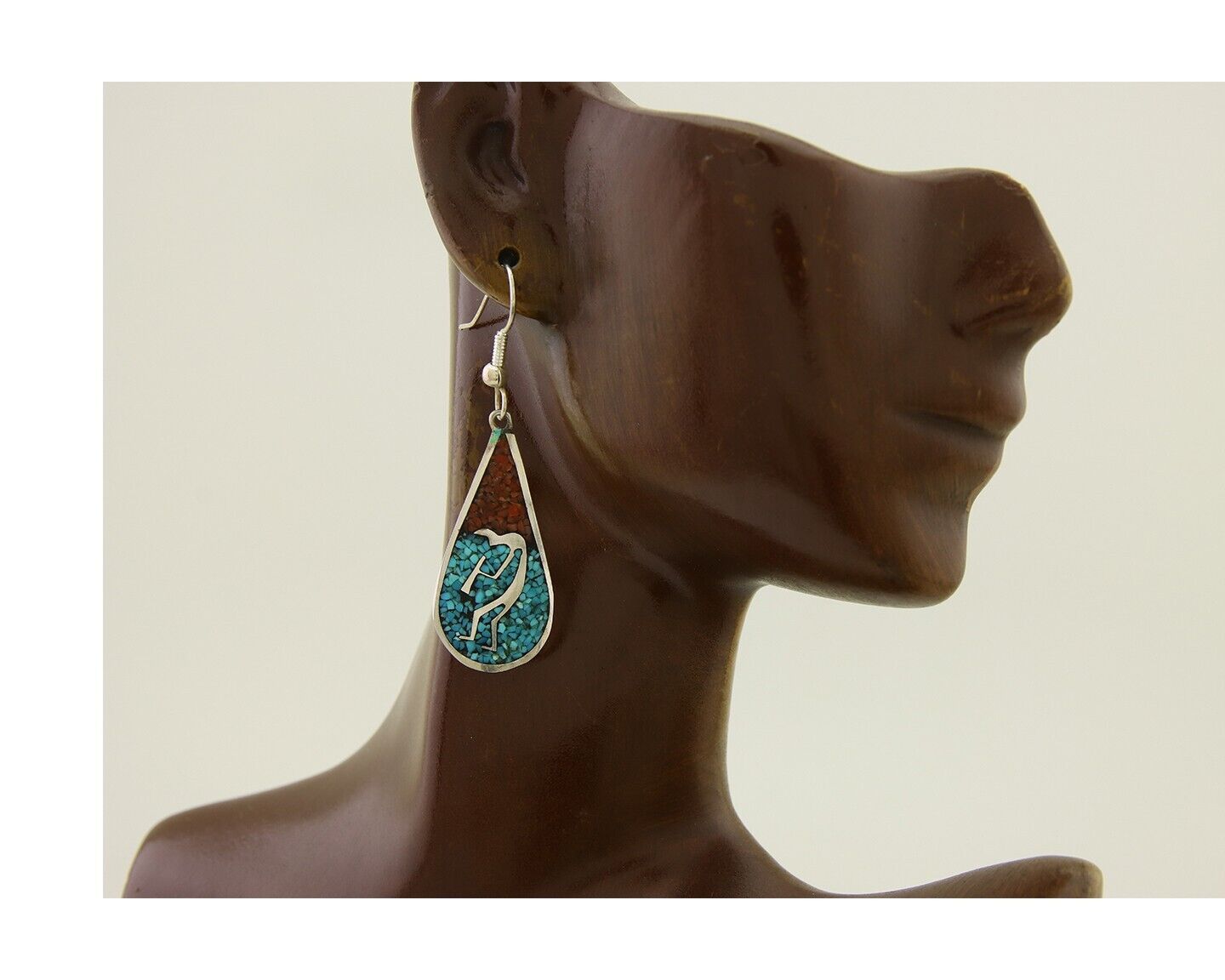 Navajo Kokopelli Earrings 999 Nickel Chip Inlay Turquoise Coral Native American