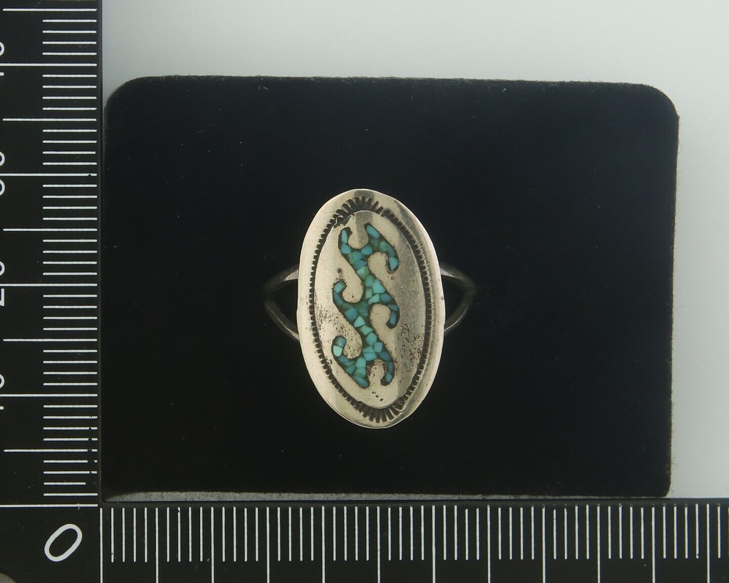 Navajo Ring 925 Sterling Natural Chip Inlay Blue Turquoise C.80's Size 7.0