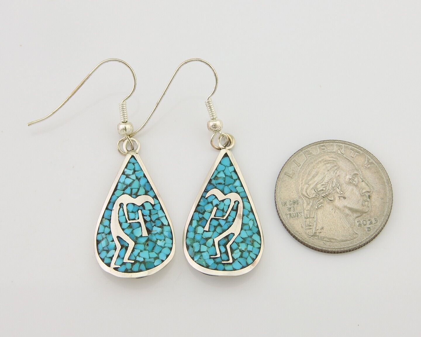 Navajo Kokopelli Earrings 999 Nickel Chip Inlay Turquoise Coral Native American
