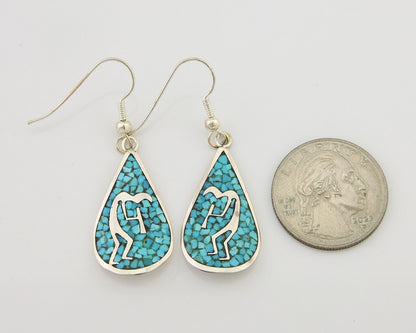 Navajo Kokopelli Earrings 999 Nickel Chip Inlay Turquoise Coral Native American