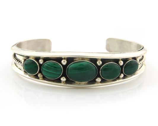 Navajo Cuff Bracelet Sterling Silver Natural Malachite Vintage Signed R Long Sr