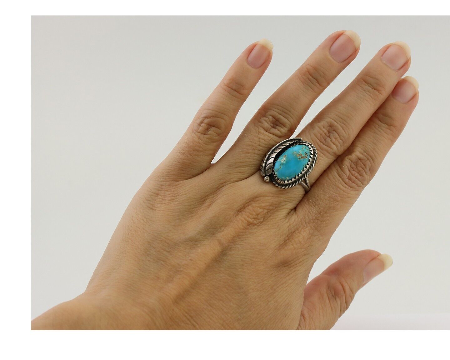 Navajo Ring 925 Silver Blue Kingman Turquoise Signed JW C.80's