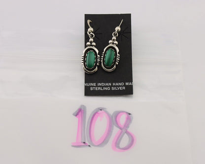 Navajo Dangle Earrings 925 Silver Natural Malachite Native American Artist C.80s