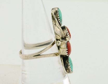 Navajo Handmade Ring 925 Silver Coral & Turquoise Native Artist C.80's