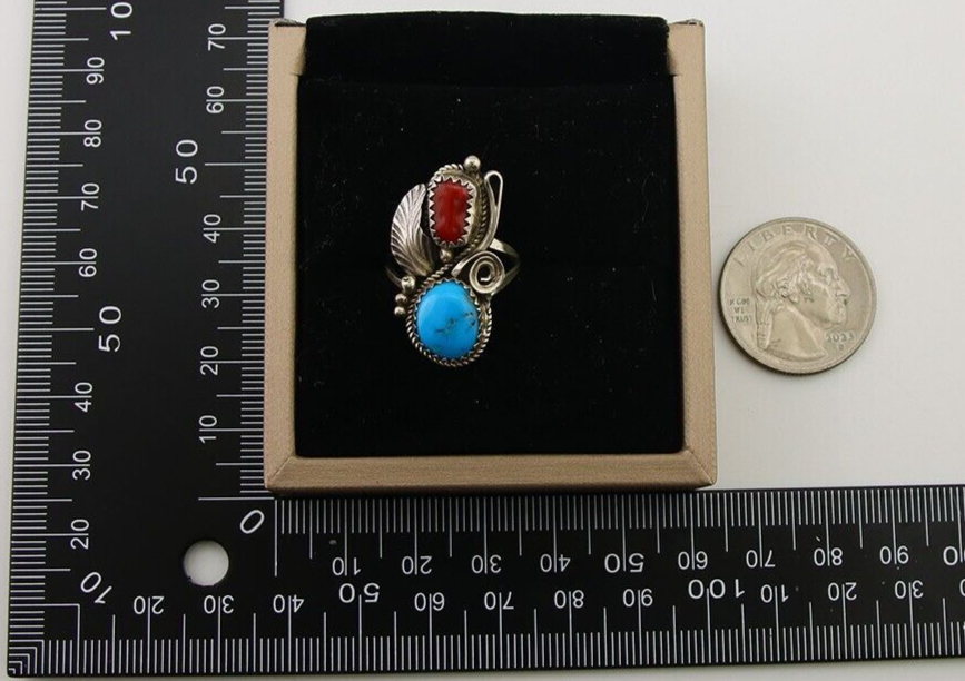 Navajo Handmade Ring 925 Silver Turquoise & Coral Artist Signed Justin Morris 80
