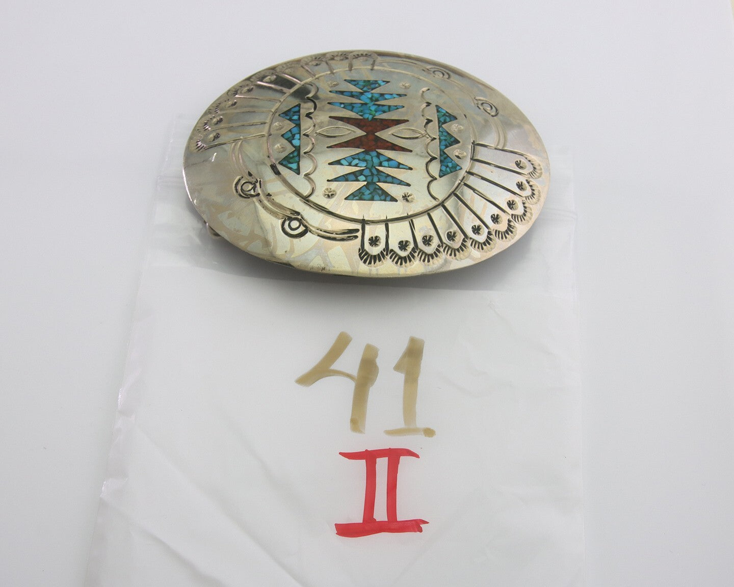 Navajo Belt Buckle .999 Nickel Buffalo Gemstone Signed Jimmie Nezzie 3x3.5in C80