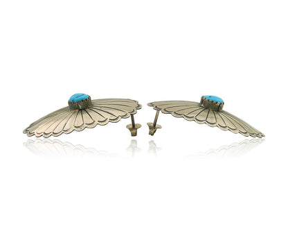 Navajo Earrings 925 Silver Natural Turquoise Artist Signed Running Bear C80s