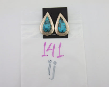 Navajo Dangle Earrings 925 Silver Natural Turquoise Signed Thomas Charay C.1988