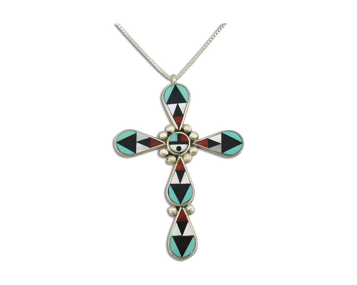 Zuni Cross Pendant 925 Silver Natural Gemstone Zeno & Maryann Edaaki C.80's