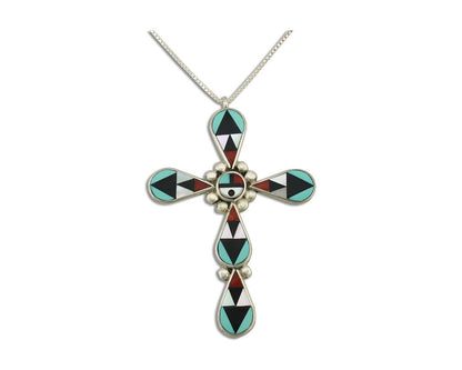 Zuni Cross Pendant 925 Silver Natural Gemstone Zeno & Maryann Edaaki C.80's