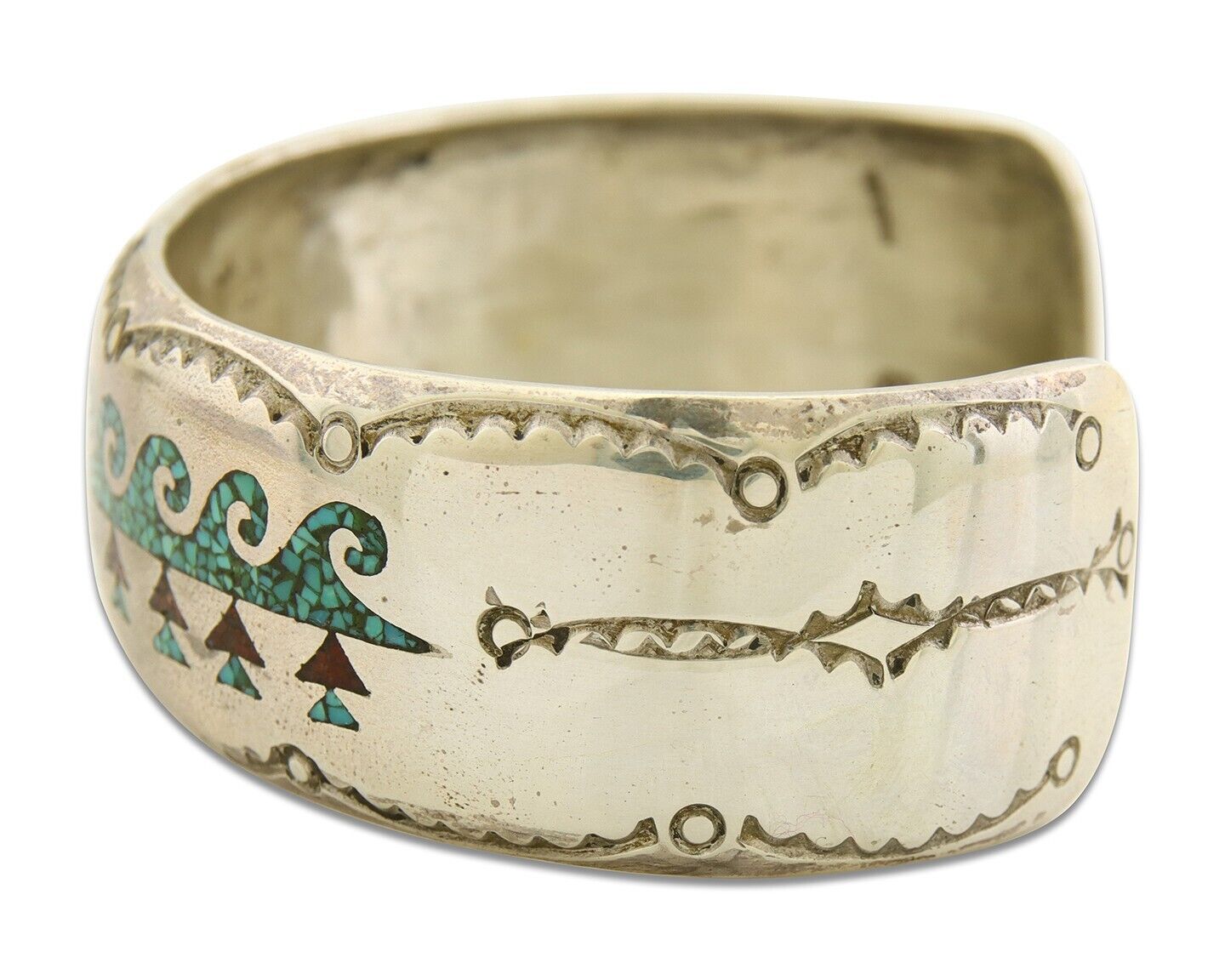 Men Navajo Bracelet 925 Silver Inlaid Coral & Turquoise Artist Signed LB C.80's