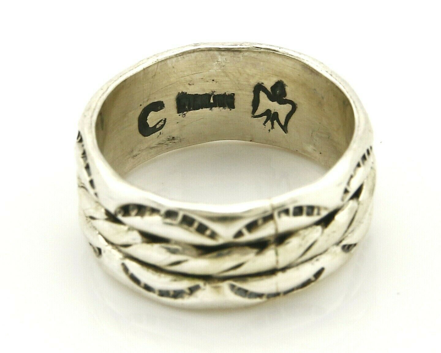 Navajo Ring .925 Silver Handmade Hand Stamped 3 Row Rope Band C.1980's 8.25