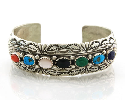 Navajo Cuff Bracelet Sterling Silver Natural Gemstone Vintage Signed WB