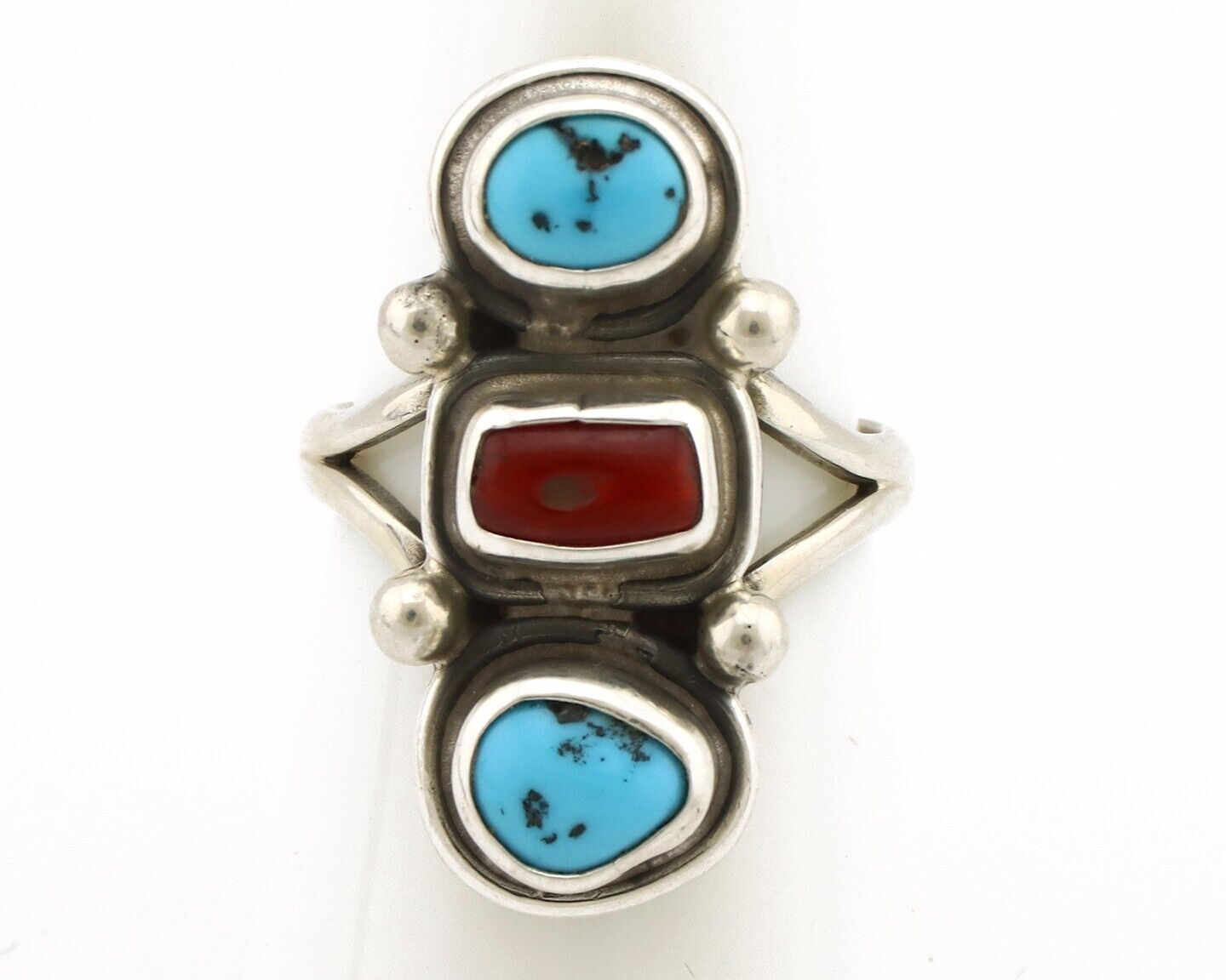 Navajo Ring 925 Silver Sleeping B Turquoise & Coral Native American Artist C.80s