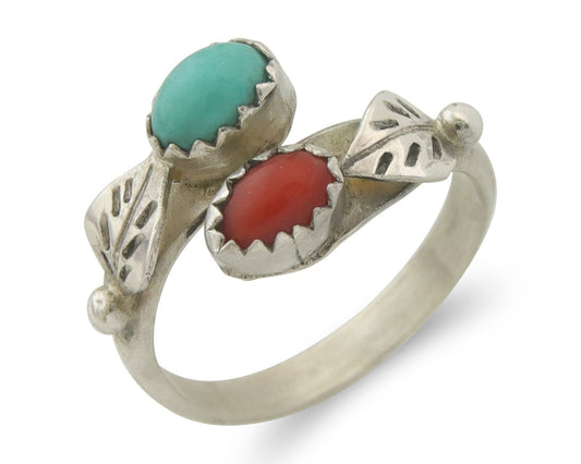 Vintage Navajo Band 925 Sterling Turquoise & Coral Native Artist Size 6.0