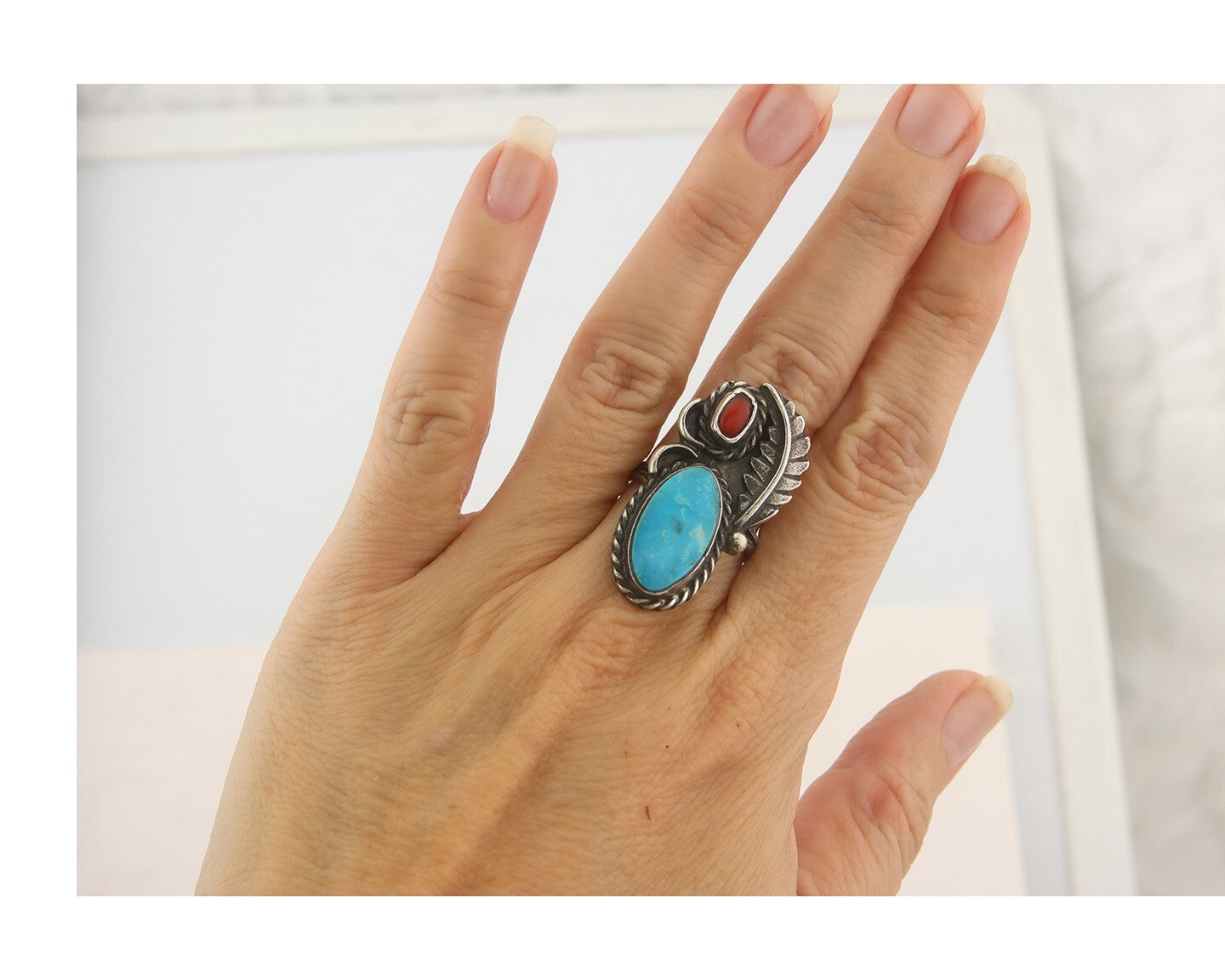 Navajo Ring 925 Sterling Natural Coral & Turquoise Native Artist C.80's Sz 7.25