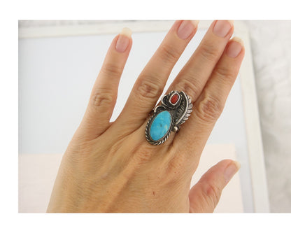 Navajo Ring 925 Sterling Natural Coral & Turquoise Native Artist C.80's Sz 7.25