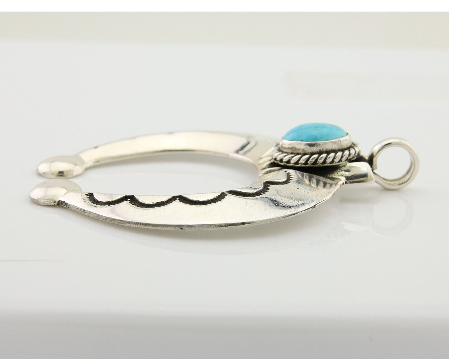 Navajo Naja Pendant 925 Silver Turquoise Heavy Hand Stamped Native Artist C.80's