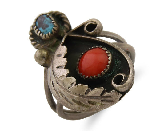 Navajo Handmade Ring 925 Silver Turquoise & Coral Native Artist C.80's