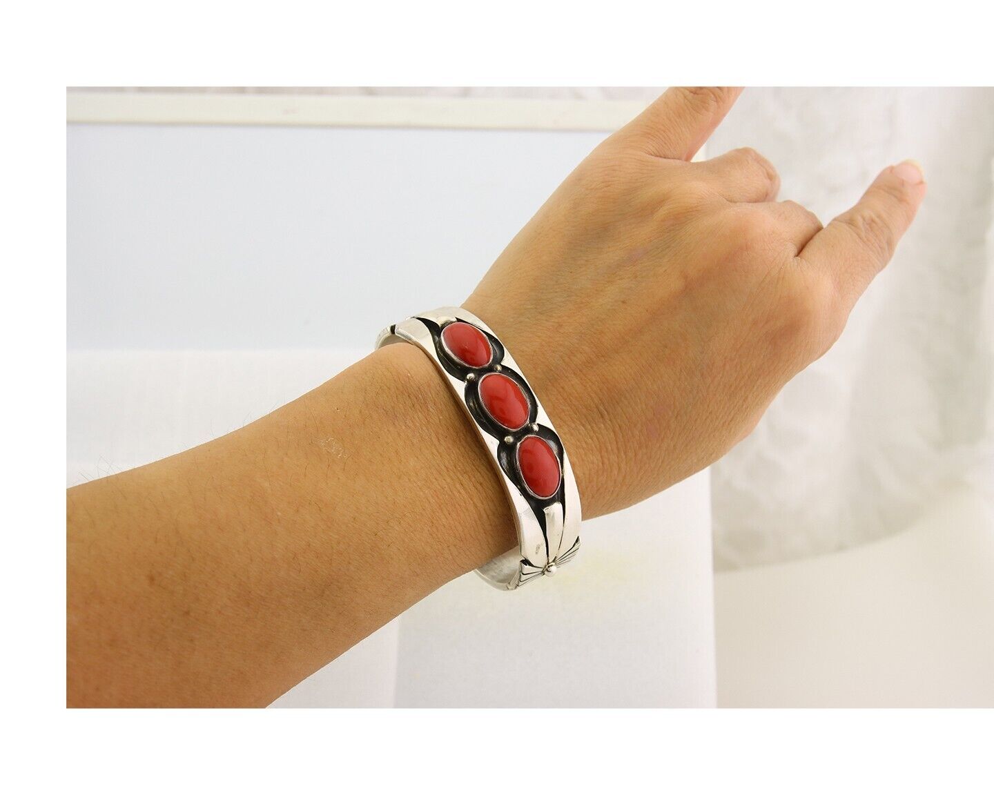 Navajo Bracelet .925 Silver Red Coral Cuff Signed Charles Johnson C.80's