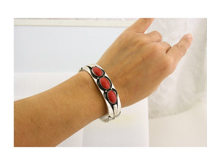 Navajo Bracelet .925 Silver Red Coral Cuff Signed Charles Johnson C.80's
