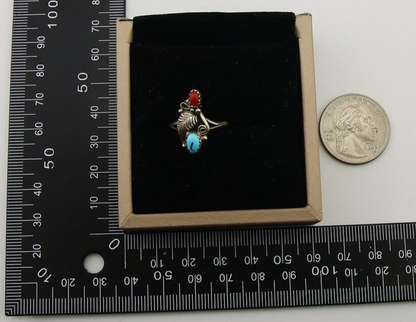 Navajo Handmade Ring 925 Silver Turquoise & Coral Native Artist C.80's