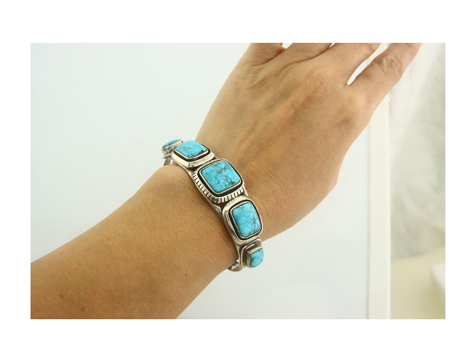 Navajo Bracelet 925 Silver Turquoise Cuff Artist Signed M C.80's