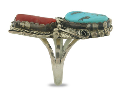 Navajo Ring 925 Sterling Natural Coral & Turquoise Signed JM C.80's Size 10.75