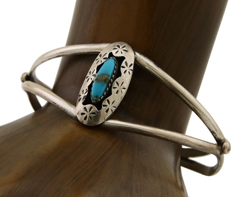 Navajo Hand Stamped Cuff Bracelet Malachite 925 Silver Artist Signed IJC C.80's